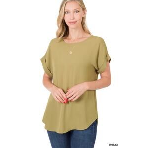Zenana Outfitters Khaki Short Sleeve Roll-Cuff Blouse